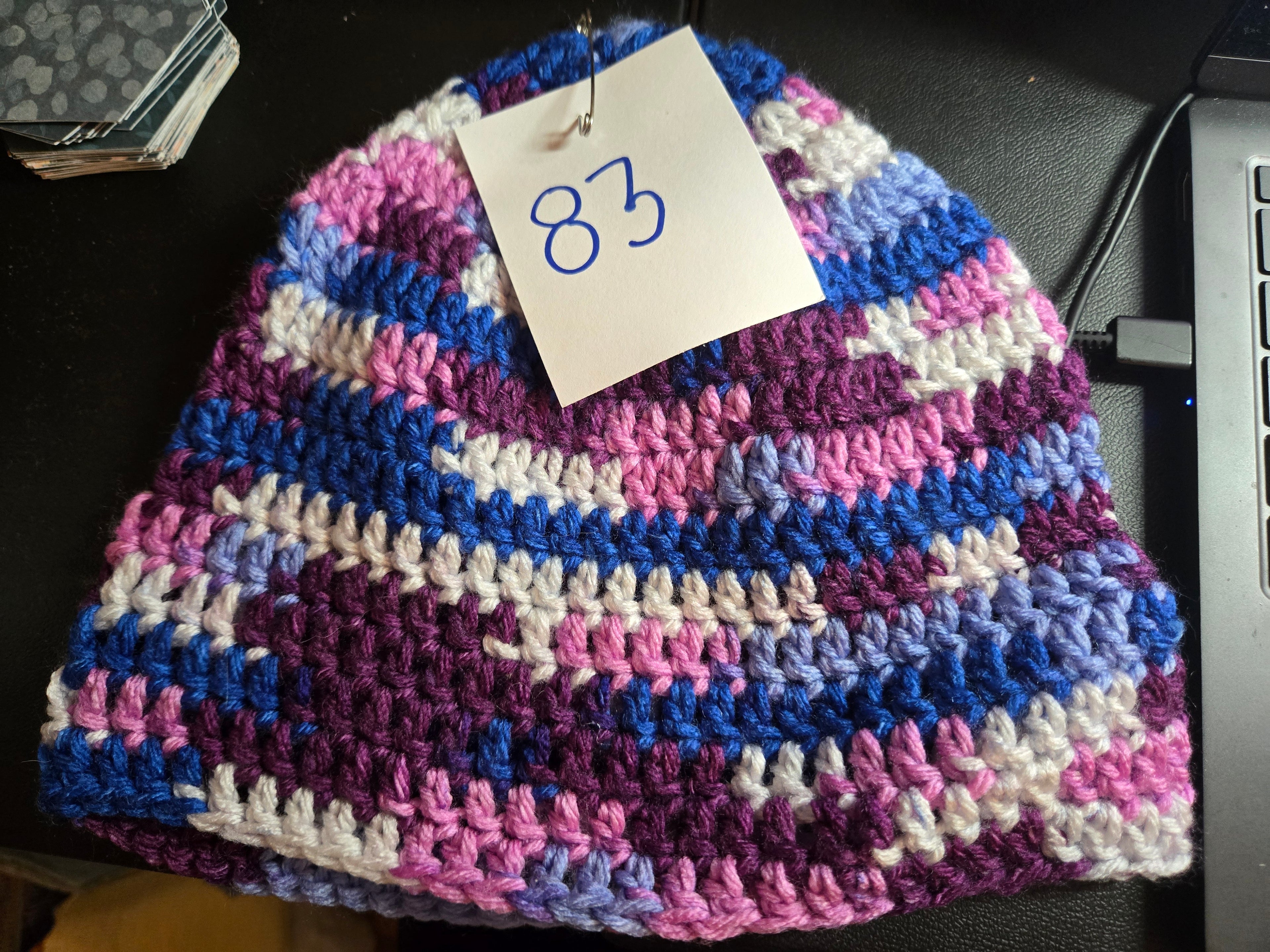 Purple and pink and blue hat